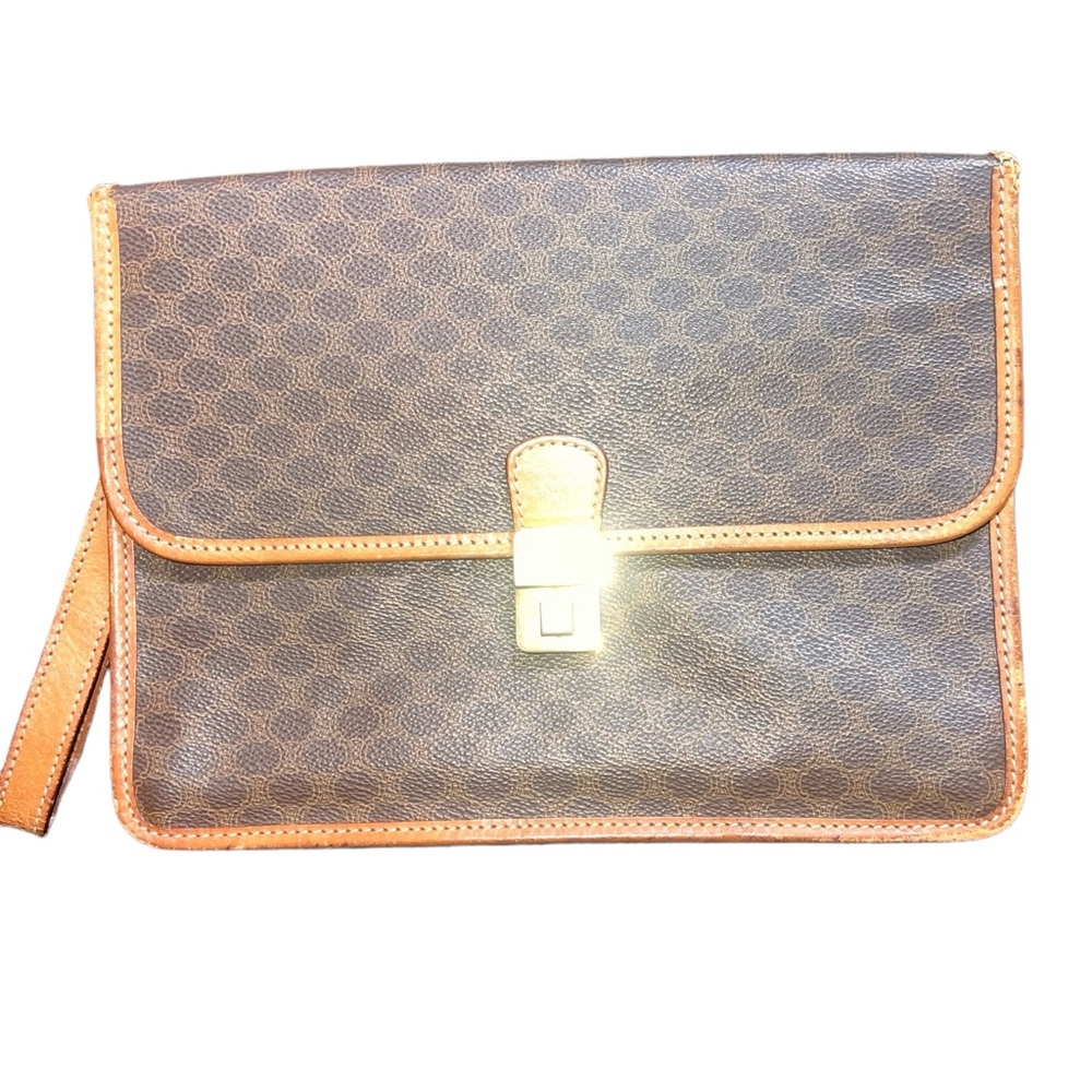 {Vintage Céline Triomphe Macadam Clutch Wristlet Bag Brown with Tan Leather Trim